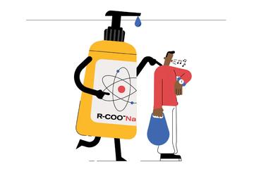 Illustration of a bottle of liquid with science symbology taps on a mans shoulder while he ignores it and checks his watch.